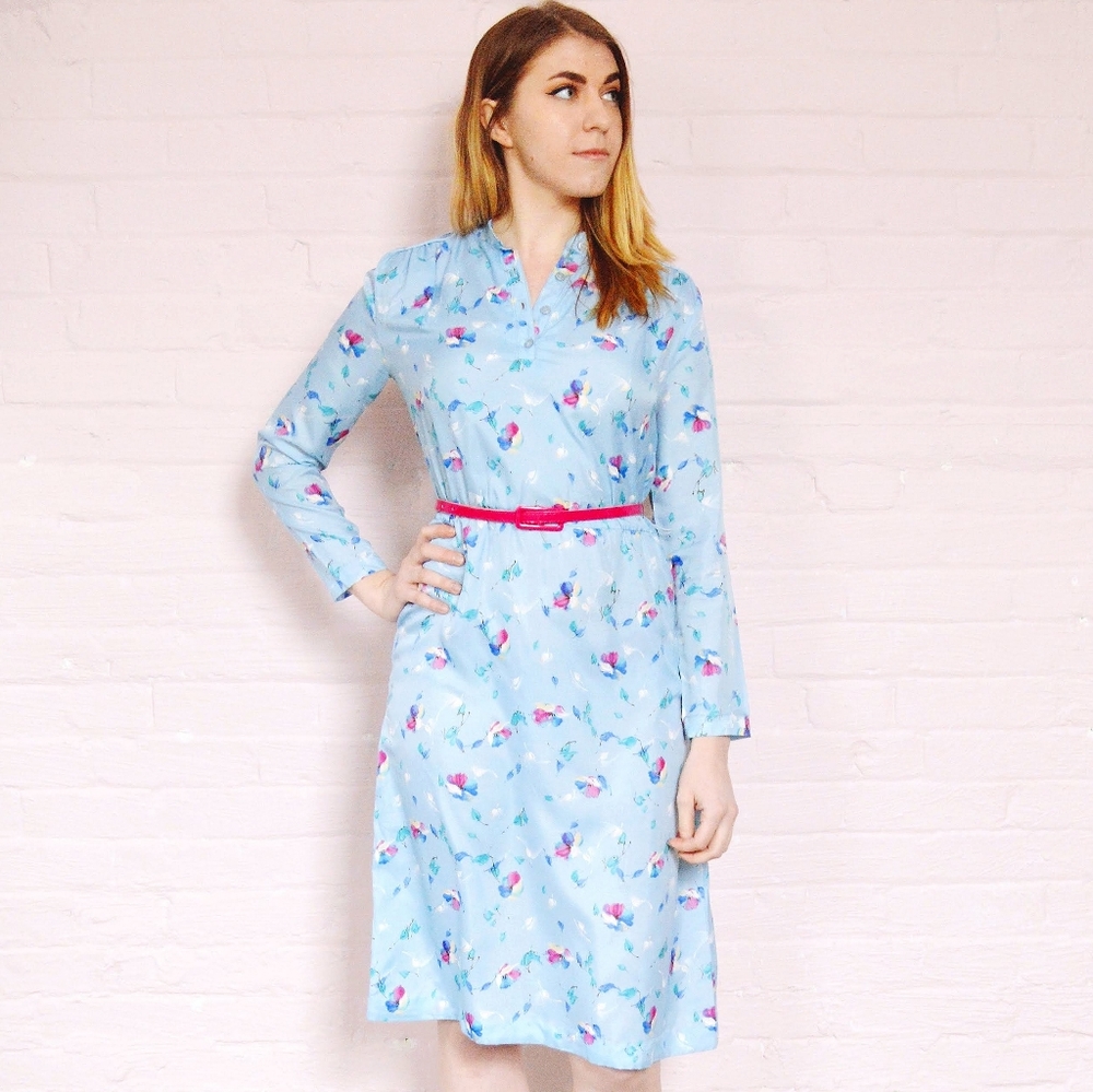 80s vintage lightweight blue floral print dress, large